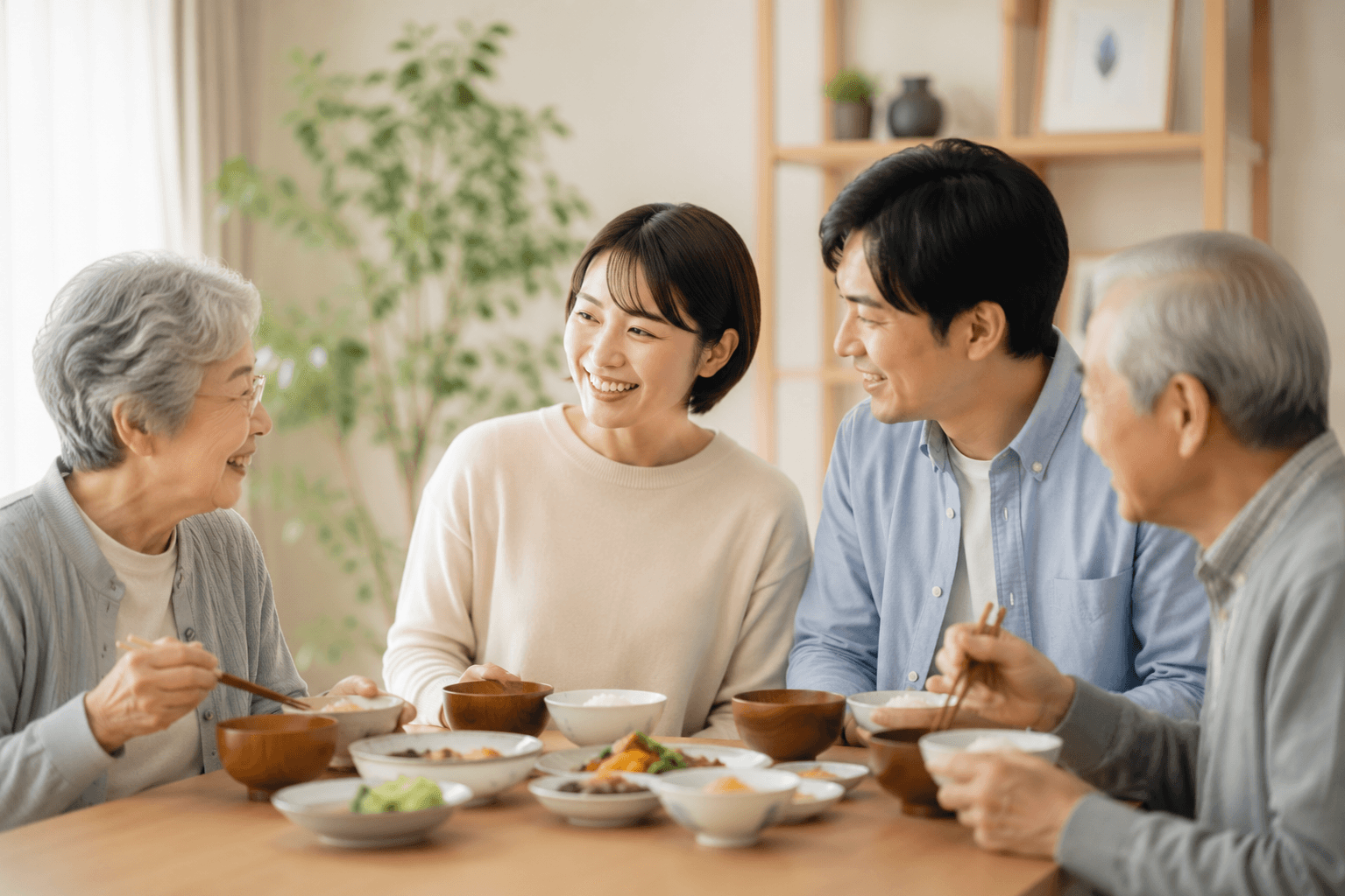 高齢のご両親と食卓を囲むご家族