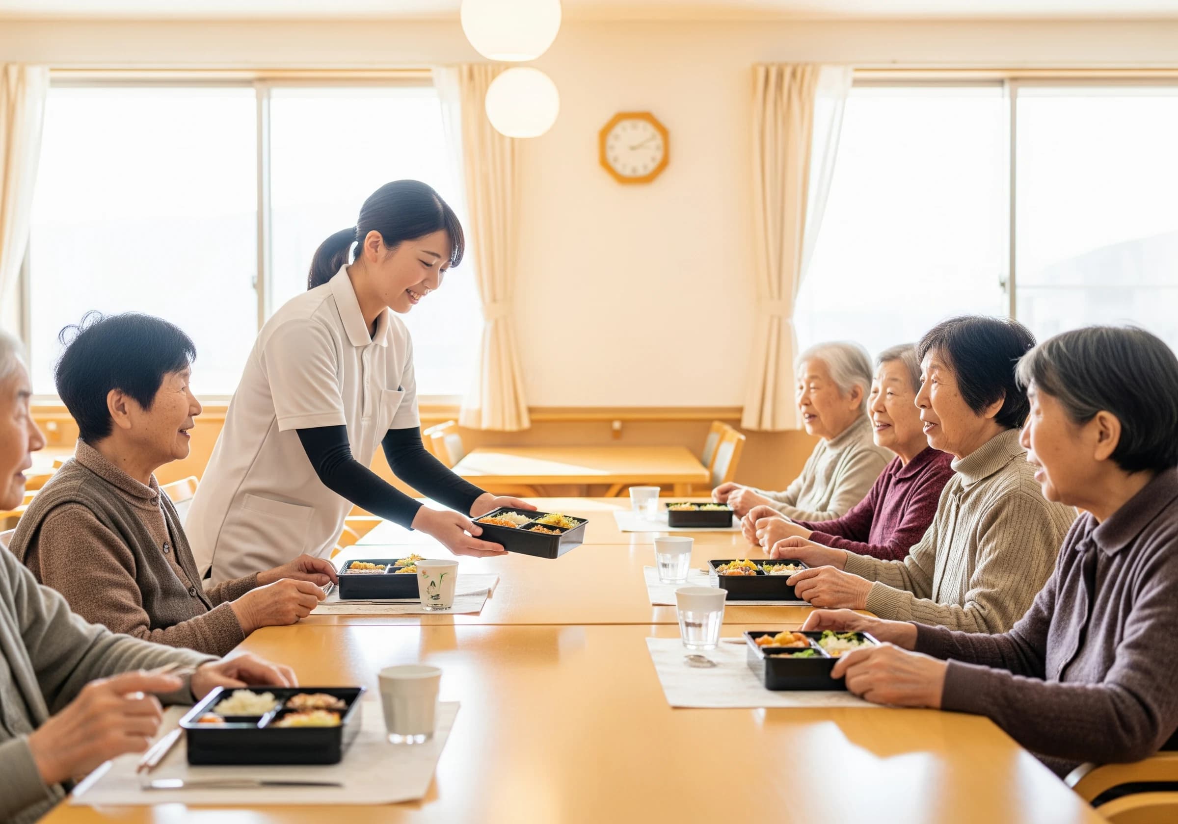 施設の食堂でお弁当を配っている様子